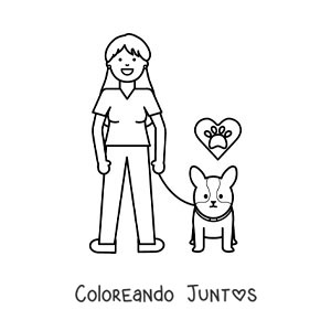 Imagen para colorear de una chica paseando a su perrito con correa