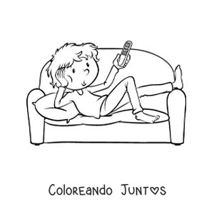 Imagen para colorear de un niño acostado en el sofá con el control de la televisión