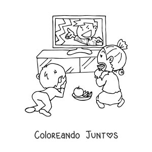 Imagen para colorear de dos niños comiendo frutas y viendo la televisión