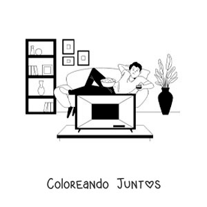 Imagen para colorear de un chico viendo películas en la tele comiendo palomitas