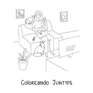 Imagen para colorear de una chica viendo la tele en casa con sus gatos
