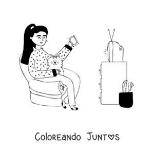 Imagen para colorear de una chica viendo la televisión con su gato