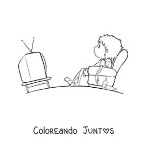 Imagen para colorear de un niño viendo televisión en el sofá