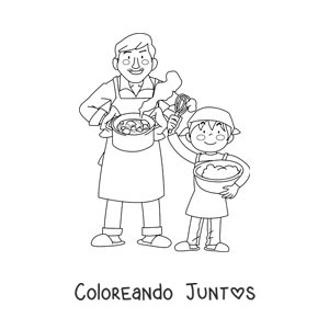 Imagen para colorear de un niño ayudando a su papá a cocinar en casa