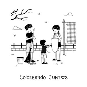 Imagen para colorear de niños ayudando a su madre a ordenar el patio