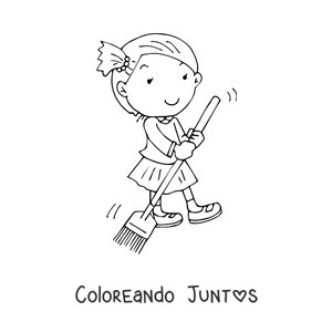 Imagen para colorear de una niña ayudando a barrer en casa
