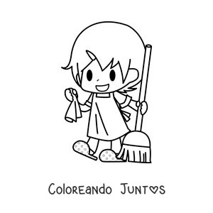 Imagen para colorear de una niña kawaii con una escoba para limpiar el piso