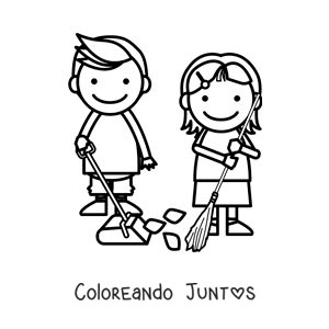 Imagen para colorear de dos niños barriendo en casa