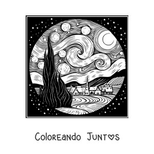 Imagen para colorear de cuadro la noche estrellada de vincent van gogh