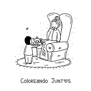 Imagen para colorear de una abuela sentada mientras su nieto le sirve el té