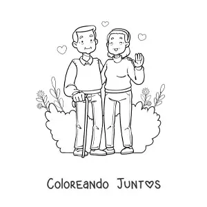 Imagen para colorear de una pareja de abuelos saludando alegres