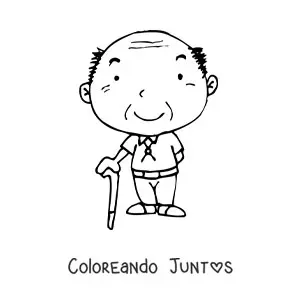Imagen para colorear de un abuelo kawaii sonriente de pie con un bastón