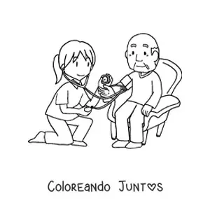 Imagen para colorear de un abuelo en cita médica junto a una doctora