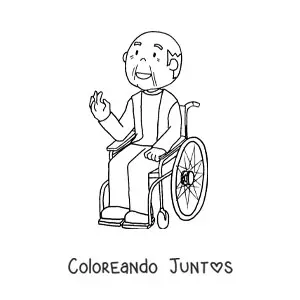 Imagen para colorear de un abuelo en una silla de ruedas saludando