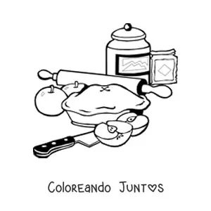 Imagen para colorear de un pie de manzana con ingredientes, un cuchillo y un rodillo