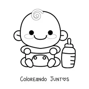 Imagen para colorear de un bebé kawaii en pañales junto a un biberón