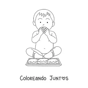 Imagen para colorear de un bebé sentado comiendo con las manos