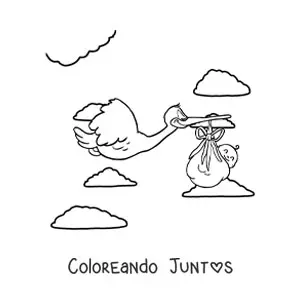 Imagen para colorear de una cigüeña volando cargando a un bebé recién nacido