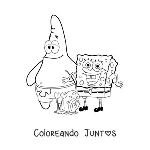 Imagen para colorear de Bob Esponja feliz junto a Patricio y Gary