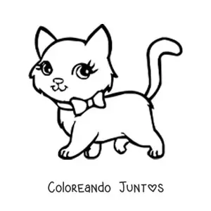 Imagen para colorear de un gato kawaii caminando usando un lazo