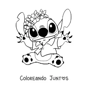 Imagen para colorear de Stitch sentado saludando con flores en la cabeza