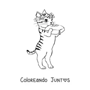 Imagen para colorear de un gato animado con corona de flores llevando anillos de boda en un cojín