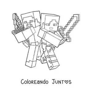 Imagen para colorear de Alex y Steve de Minecraft luchando juntos