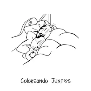 Imagen para colorear de dos gatos durmiendo en una cama junto a un oso de peluche