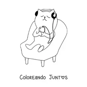 Imagen para colorear de un gato animado sentado escuchando música con audífonos