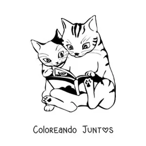 Imagen para colorear de dos gatos animados sentados leyendo un libro