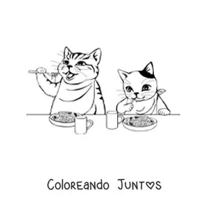 Imagen para colorear de dos gatos animados comiendo pasta con cubiertos