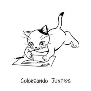 Imagen para colorear de un gato animado dibujando sobre una hoja