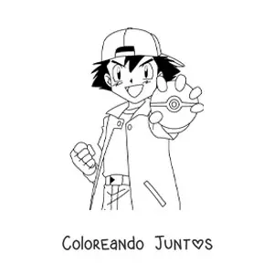 Imagen para colorear de Ash Ketchum de Pokémon con una pokebola