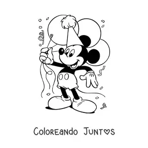 Imagen para colorear de Mickey feliz sujetando varios globos de cumpleaños