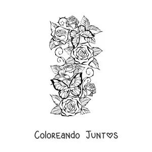 Imagen para colorear de varias rosas hermosas con dos mariposas