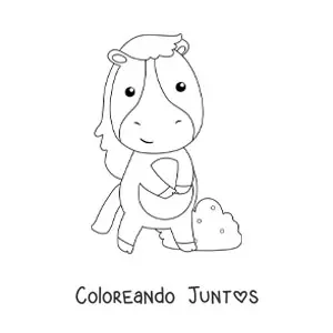 Imagen para colorear de un caballo kawaii animado con arbusto de fondo