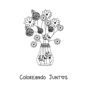 Imagen para colorear de un florero con cuatro rosas y otras flores