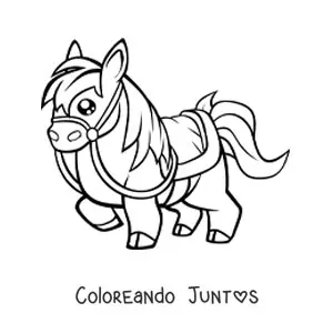 Imagen para colorear de un caballo kawaii ensillado levantando una pata