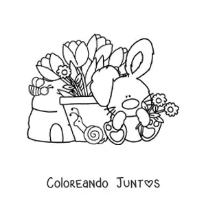 Imagen para colorear de un conejo animado kawaii con tulipanes y flores