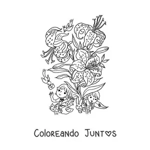 Imagen para colorear de varios lirios con niños kawaii