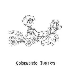 Imagen para colorear de un niño sobre un carruaje llevado por un caballo