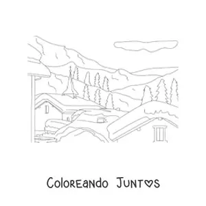 Imagen para colorear de un paisaje de casas nevadas