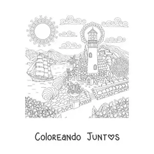 Imagen para colorear de una casa junto al mar cerca de un faro