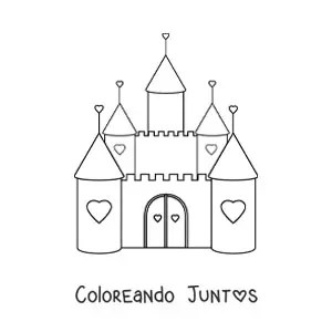 Imagen para colorear de un castillo kawaii decorado con corazones