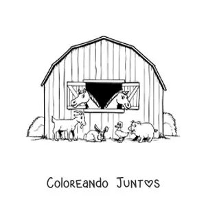 Imagen para colorear del establo de una granja con dos caballos y otros animales animados