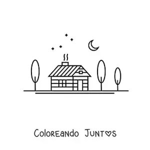 Imagen para colorear de un cabaña en un bosque de noche