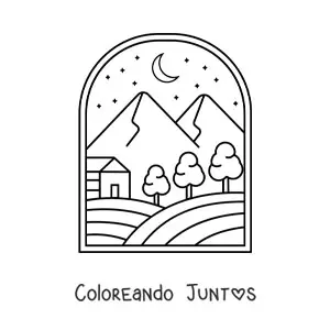 Imagen para colorear de un paisaje de bosque con una cabaña