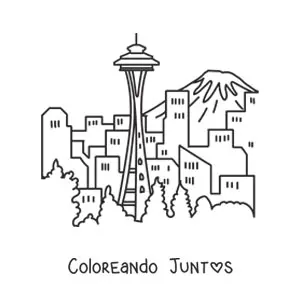 Imagen para colorear de un paisaje con rascacielos y una montaña en el fondo