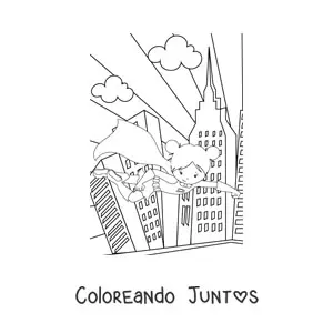 Imagen para colorear de una niña superheroína volando en una ciudad con rascacielos