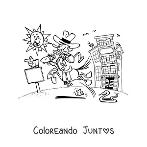 Imagen para colorear de un vaquero animado cabalgando en un día soleado